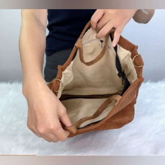 Vintage Retro Urban Chic Brown Chestnut Corduroy Crossbody Bag Minimalist Tote - Picture 12 of 16
